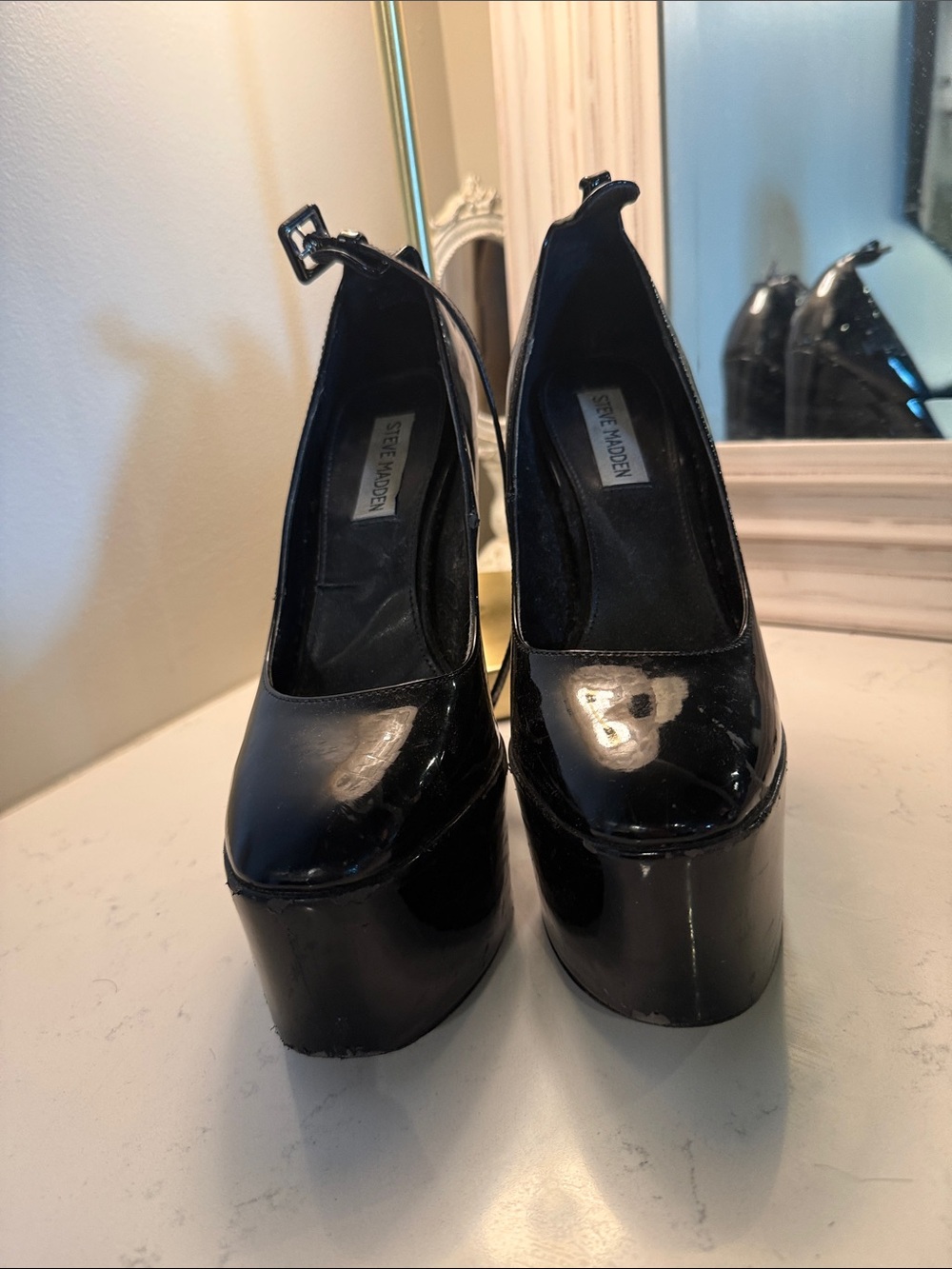 Steve Madden Black Patent Platform Pumps with Ankle Strap